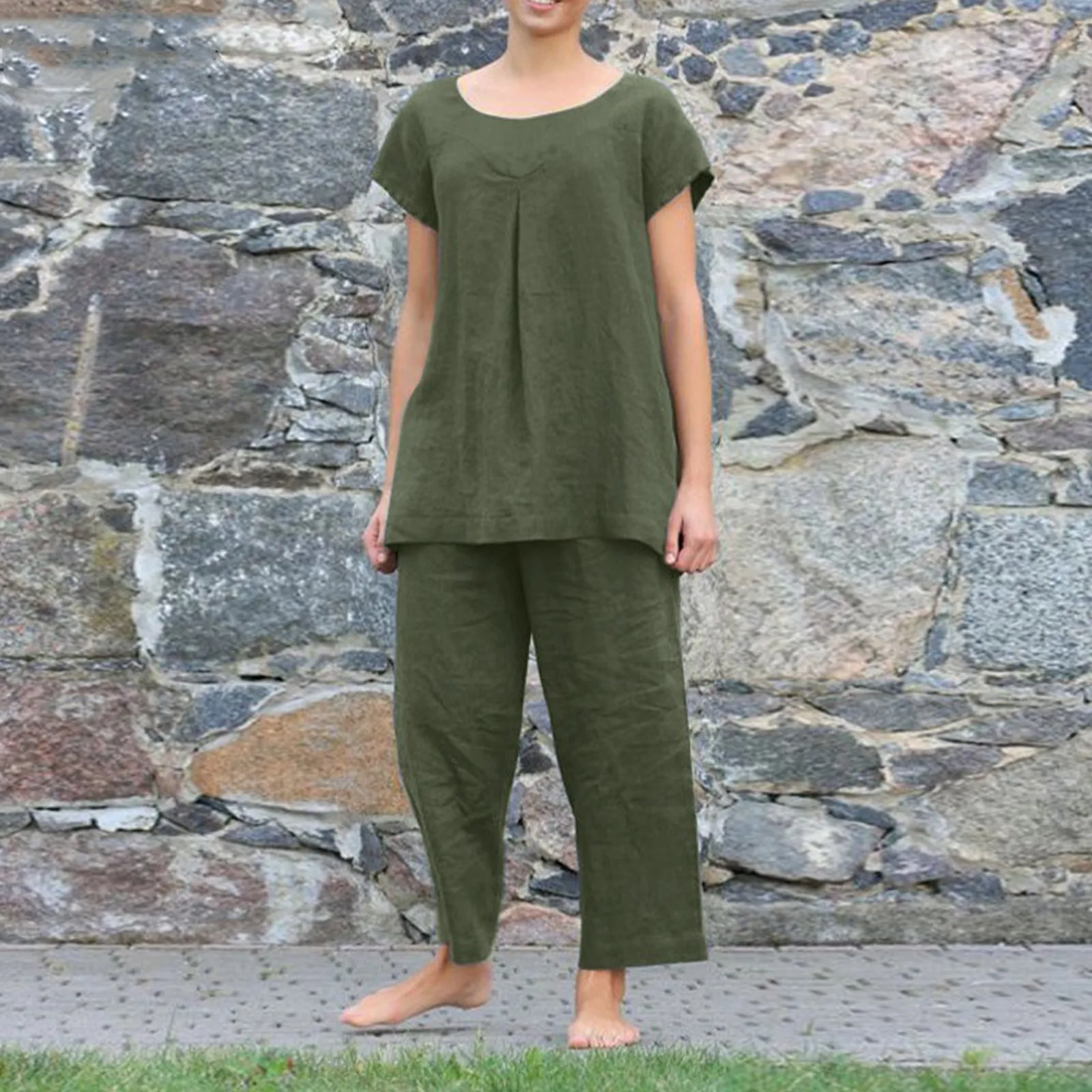 

Women Set Cotton Short Sleeve Loose Tops Wide Leg Pant 2023 Summer Outfit Two Piece Set Lady Suit Elegant Loose Suits 2pcs Sets