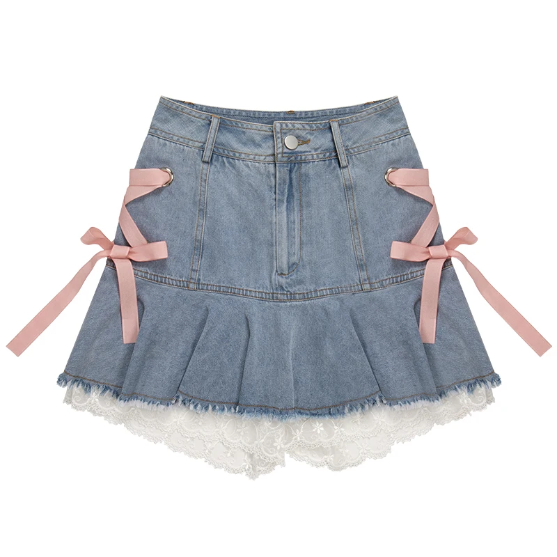 

Summer Blue Korean Style Denim Skirt Women A-line Lace Elegant Party Mini Skirts Female Pink Bandage Casual Sweet Skirt 2022 New