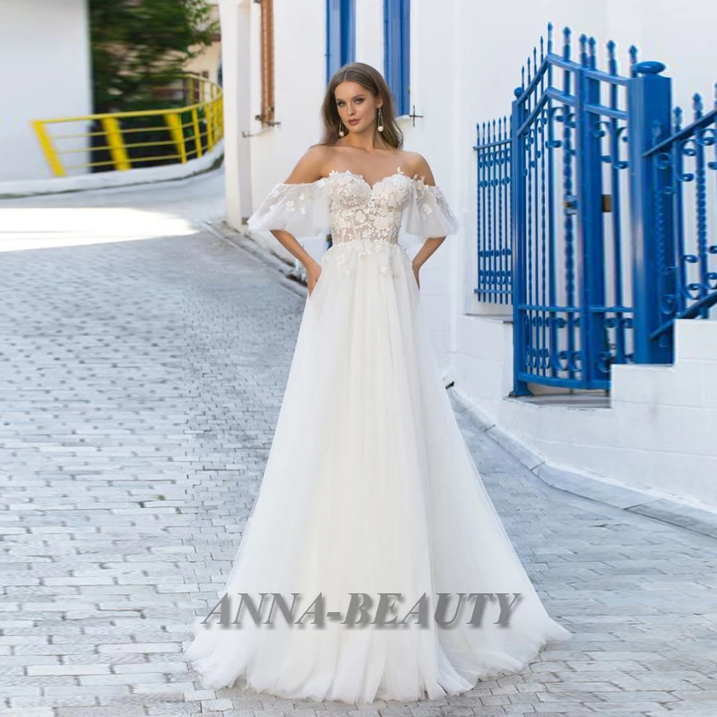 

Anna Elegant A Line Wedding Dresses Appliques Tulle Cap Sleeve Sweep Train Sweetheart Wedding Dresses For Women Personalised