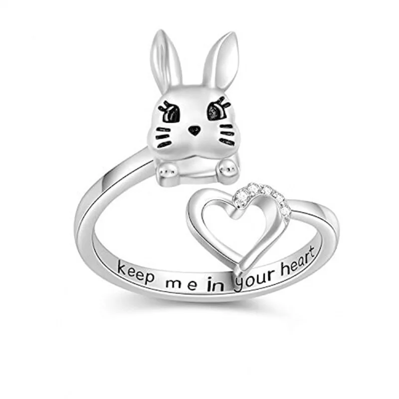

2022 Super Cute Animal Rabbit Rings for Women Girly Fashion Love Heart Crysta Opening Adjustable Ring Chic Wedding Jewelry Gifts