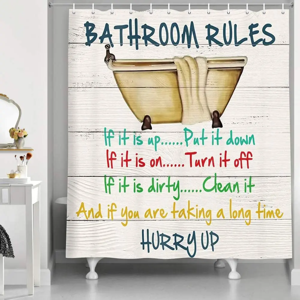 

Motivational Funny Quotes Bathroom Rules Shower Curtains Aphorisms Inspirational Vintage Rustic Cabin Wooden Board Home Decor