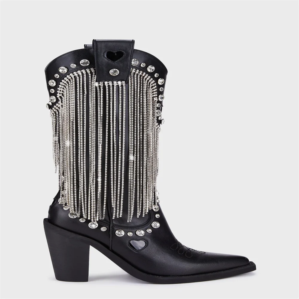 

2023 Autumn/Winter Fashion Women's High Chunky Heel Cusp Side Zipper Calf Boot Sexy Tassel With Diamond/Rhinestone