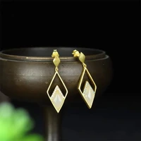hot selling natural hand carved 925 silver gufajin inlaid white jade earrings studs fashion jewelry women luck gifts