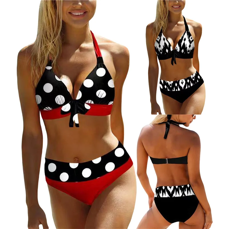 

Women's Summer Swimsuit 2Pcs Set, Big Dot Print V-Neck Bra + Middle Waist Shorts Beachwear, 2 Colors