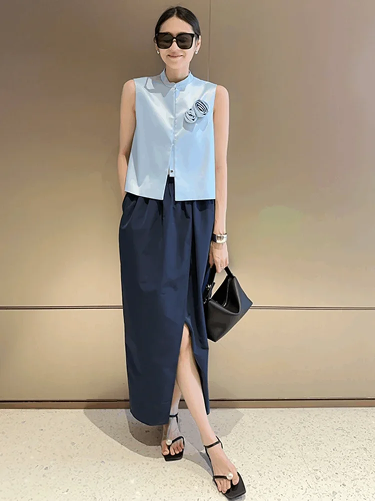 Женский комплект из 2-х предметов Свободный Топ с объемными цветами и юбка