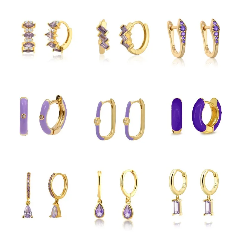 

Fashion Purple Zircon EnamelHoop Earrings for Women Simple Ins Purple Color Water Drop/Rectangle Earrings Jewelry Pendientes