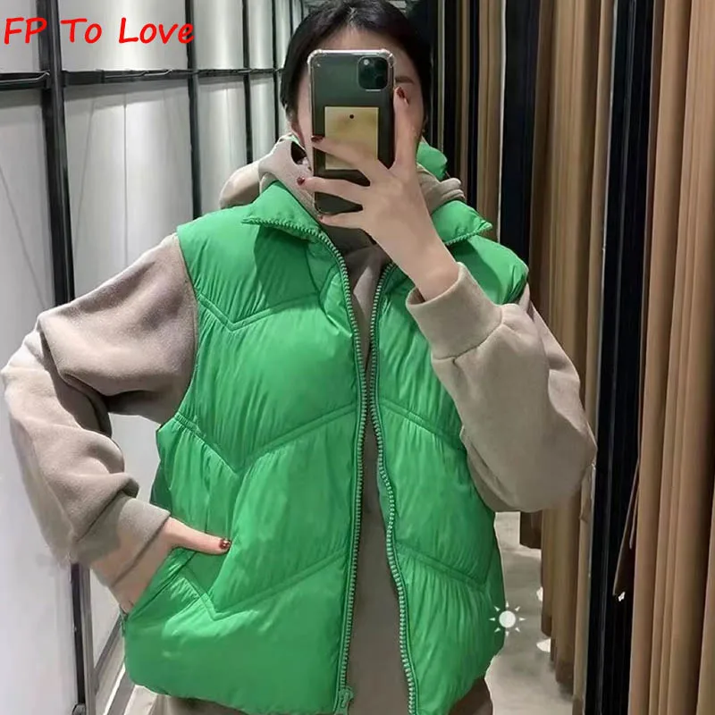 

Street Stylish Winter Vest Green Woman Sleeveless Jacket Black Zipper Vintage Outwears Female Warm FP To Love