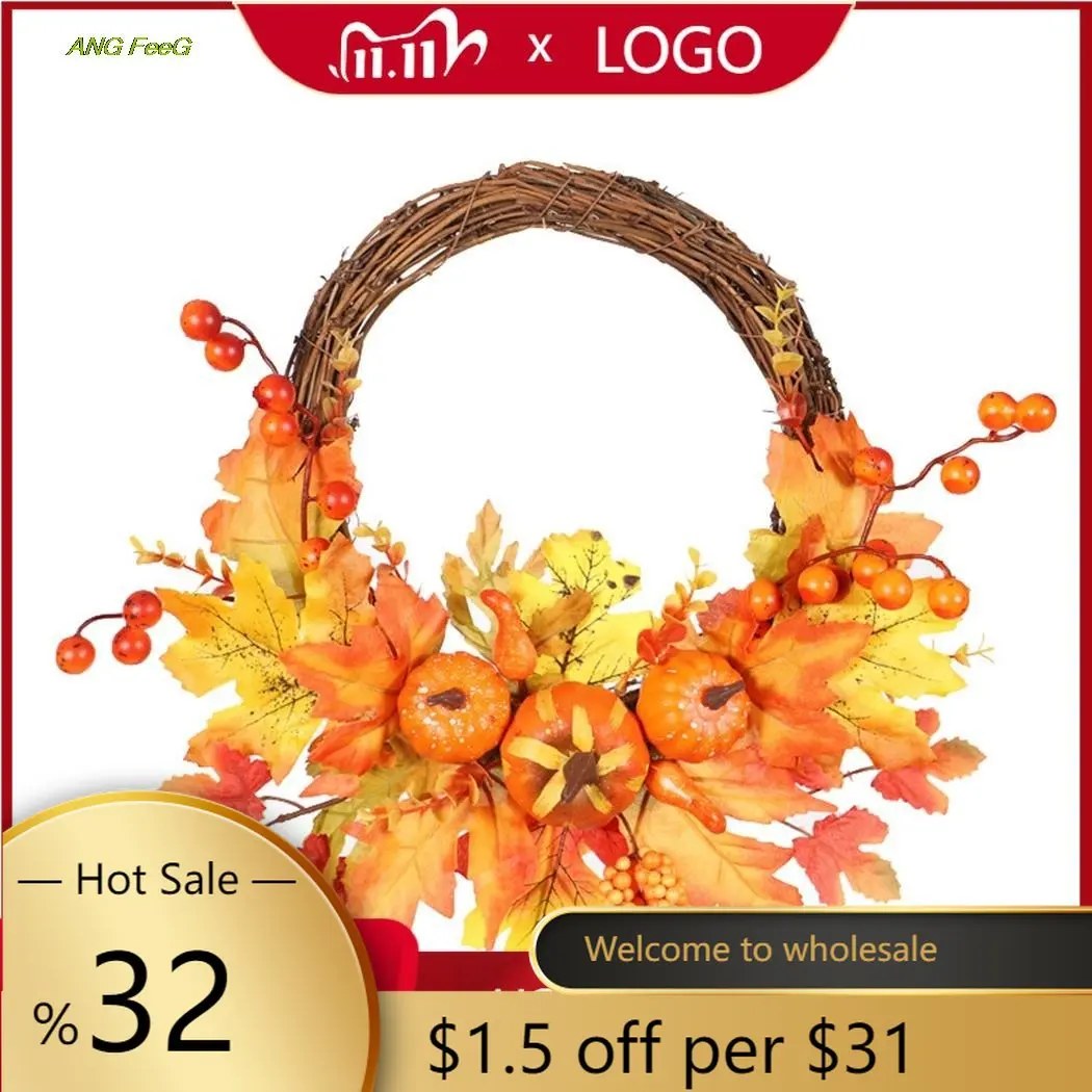 

35cm Autumn Maple Leaf Pumpkin Door Hanging Ornaments Halloween Thanksgiving Harvest Rattan Artificial Garland Wreath Home Decor