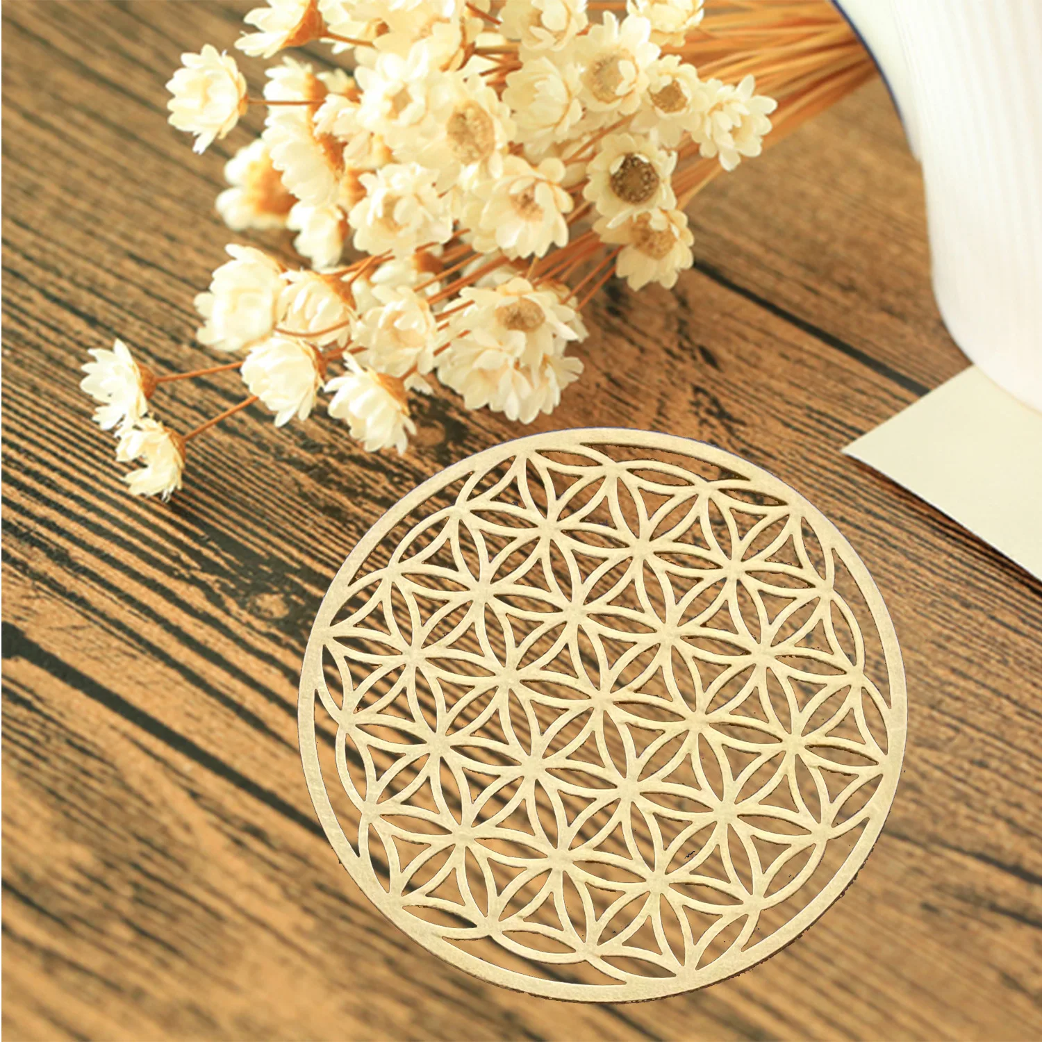 10PCS Chakra Flower of life Natural Symbol Wood Round Edge Circles Carved Coaster For Stone Crystal Set DIY Decor Mats Pads