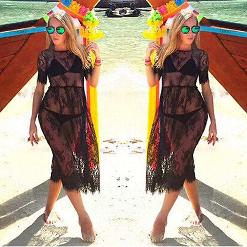 

Summer Black Sheer Sexy Beach Cover Up Lace Embroidered Mesh Cover Ups Short Sleeve Swimsuit Cover Up Dress Beach Wear