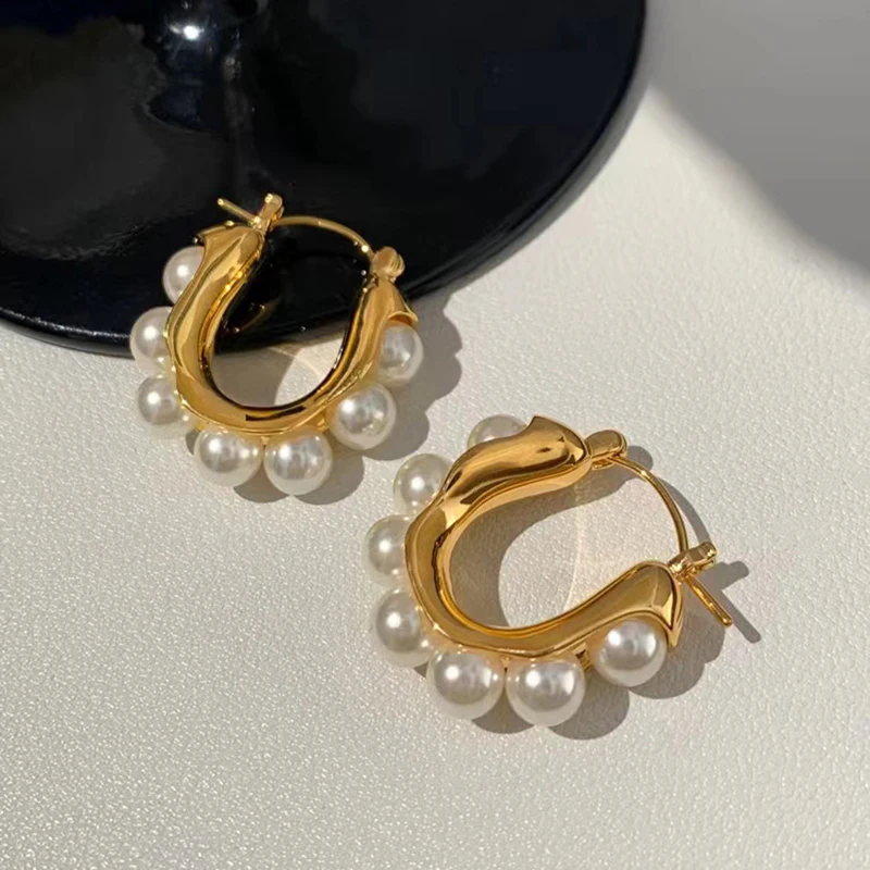 Top Quality U Drop Style Hoop Earrings Pearl Circle Women Gold Plated Buckle Earrings Fashion Brand Jewelry