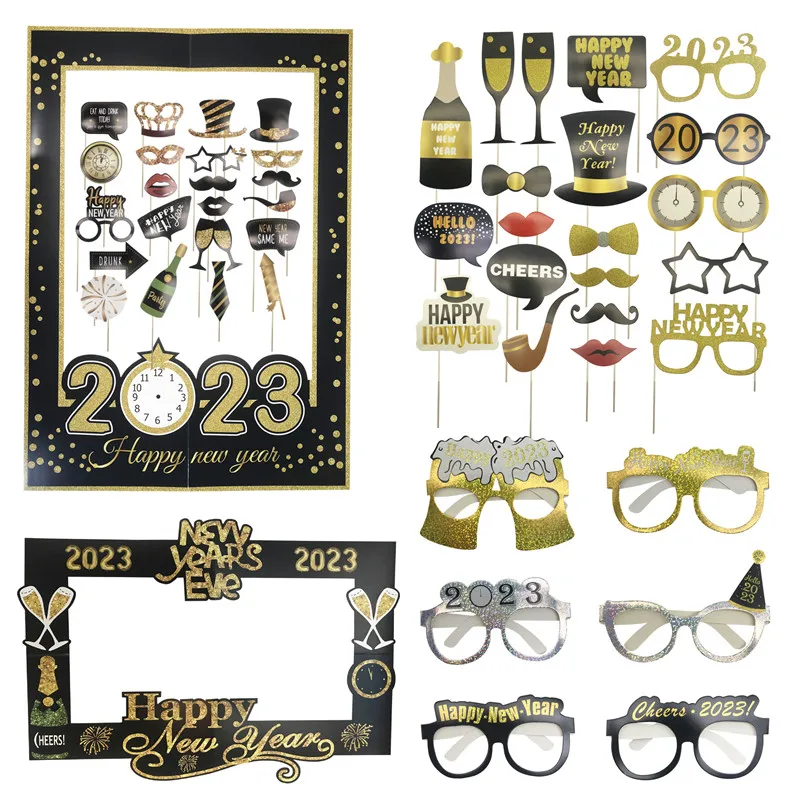 

Happy New Year 2023 Photo Booth Props Frame Paper Glasses Celebration New Year Party PhotoBooth Props Eyeglasses Home Supplies