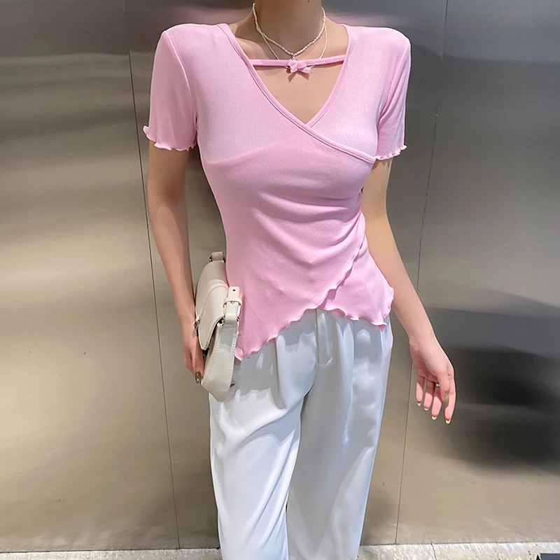

2022 Summer New Arrival T Shirts Girls Short Sleeve Crossed V Neck Irregular Cropped Tshirt Crop Top Women Tees