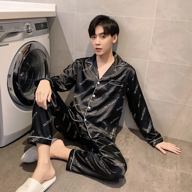 Men's Satin Faux Silk Print 2 Piece Pajama Set Plus Size Loungewear Outerwear Autumn Nightwear Fashion Pyjamas Leisure Sleepwear