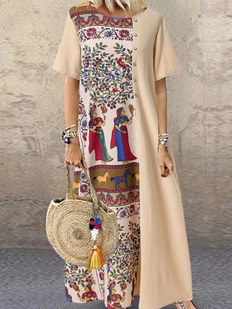 

Женское длинное платье с коротким рукавом и круглым вырезом, свободное праздничное платье в стиле бохо, женское ТРАПЕЦИЕВИДНОЕ ПЛАТЬЕ с эла...