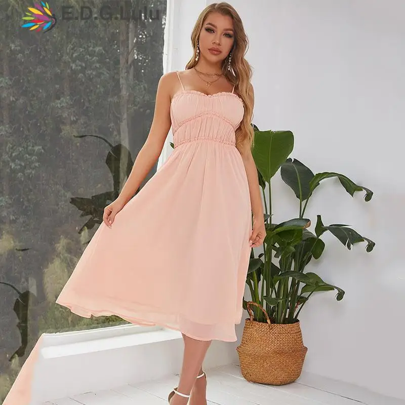 

EDGLuLu Spaghetti Strap Lace-up Backless Long Dress Women Square Neck Midi Chiffon Dress Sexy Elegant Party Pink Dresses 0516