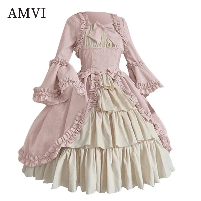 

Gothic Court Dress Medieval Retro Dresses Square Neck Waist Gown Splicing Bow Dress Women Dresses High Quality Sweet Clothes
