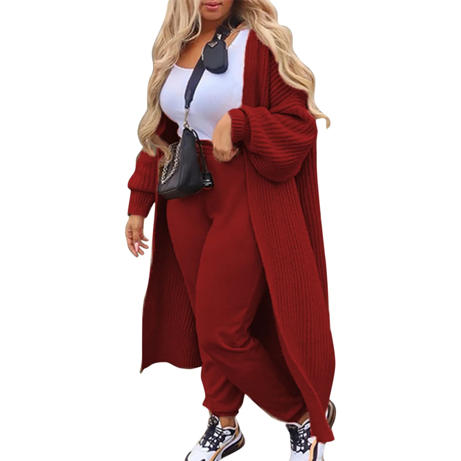 

Women'S Fashion Mid-Length Knitted Cardigan Solid Color Chain Link Loose Coat High Elasticity Soft Knitted Coat Chaquetas