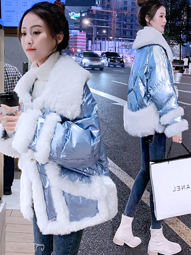 

Lamb Wool Shiny Down Jacket Women 2022 New Winter Blue Thick 90% Duck Down Fur Puffer Coat