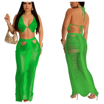 Hollow Out Tassel Knitted 2 Piece Set Women Sexy Lace Up Bra Top Patchwork Maxi Skirts Summer Vacation Beach Dress Suits 1