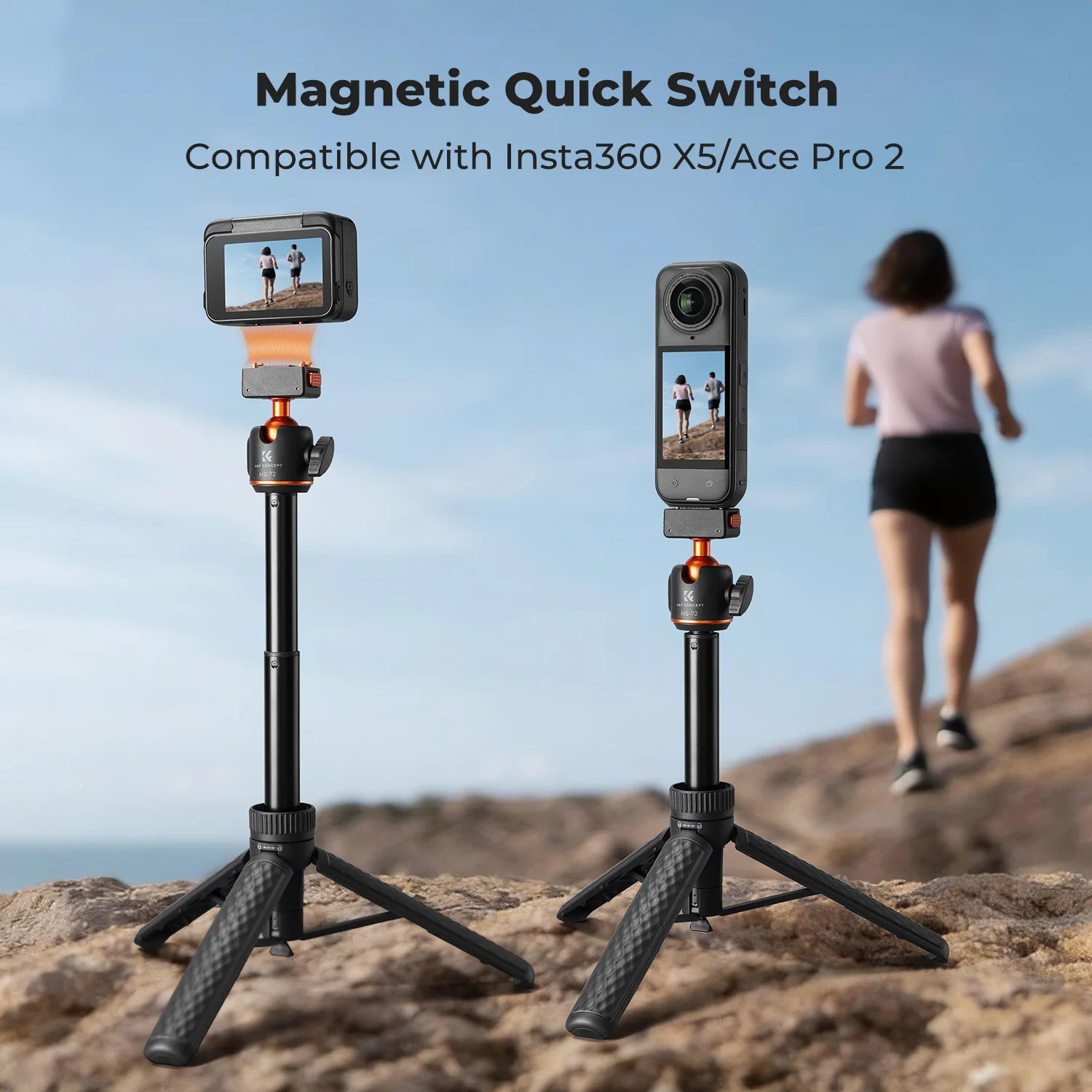Фото K&F CONCEPT Магнитная селфи-палка с быстросъемным креплением для Insta360 X5 / Ace Pro 2 – Портативная ручка с шаровой головкой 360° и функцией штатива для влогов №2