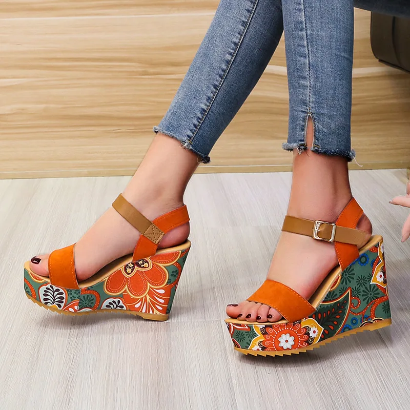 

2023 Summer Wedge Sandals for Women Retro Ethnic Print Platform Shoes Ladies Casual Ankle Buckle Comfortable