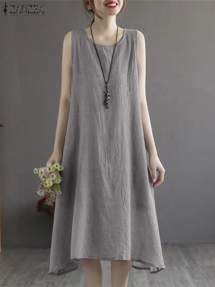 

ZANZEA Vintage Kaftan Summer Casual Midi Long Dress Women Sleeveless O-Neck Holiday Sundress Oversize A Line Loose Dresses