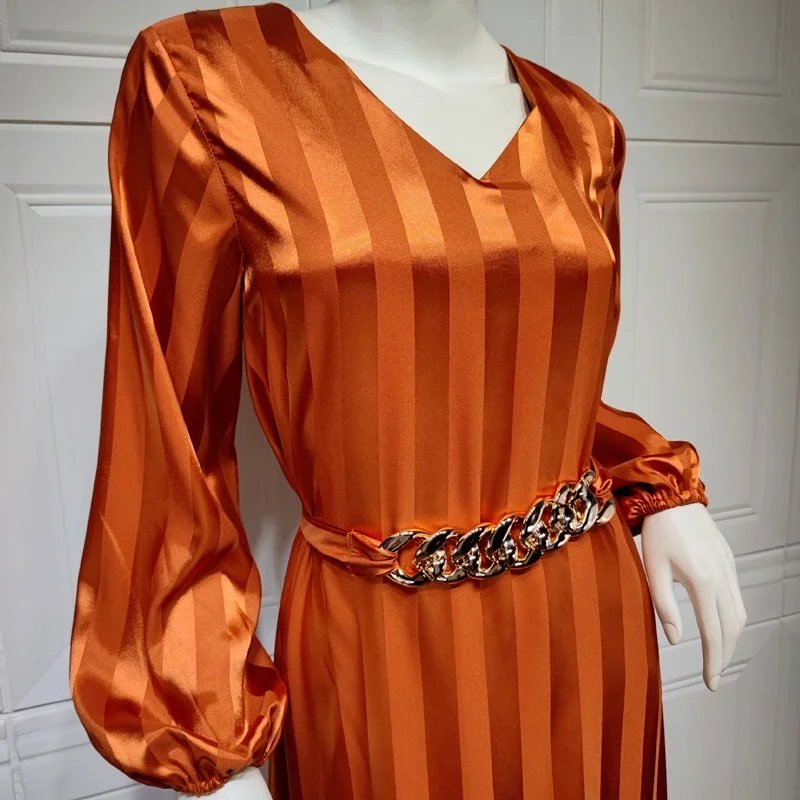 Satin Dress Abaya for Women Fashion V Neck Dubai Oman Moroccan Kaftan Muslim Party Evening Gown with Belt Jacquard Fabric Orange