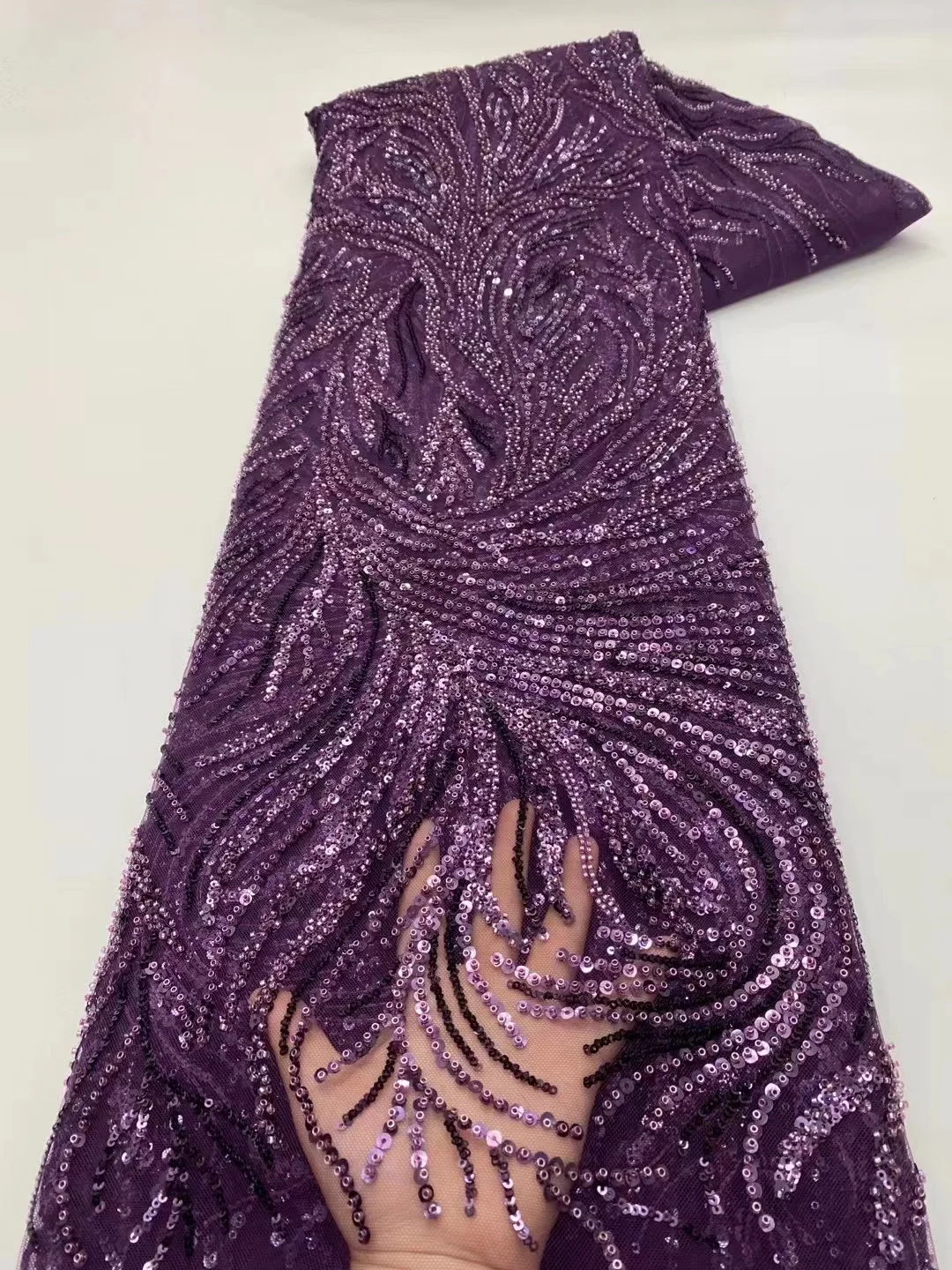 

Purple Lace Fabric African Sequence Lace Fabric 2022 High Quality Embroidery Beaded Tulle Lace With Pearls For Bridal