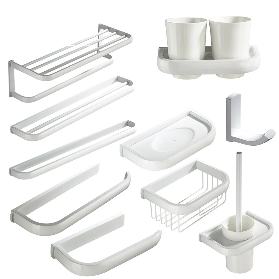 

White Bathroom Accessories Set Double Towel Shelf Soap Dish WC Brush Holder Paper Towel Ring Rack Robe Coat Hook Bath Hardware