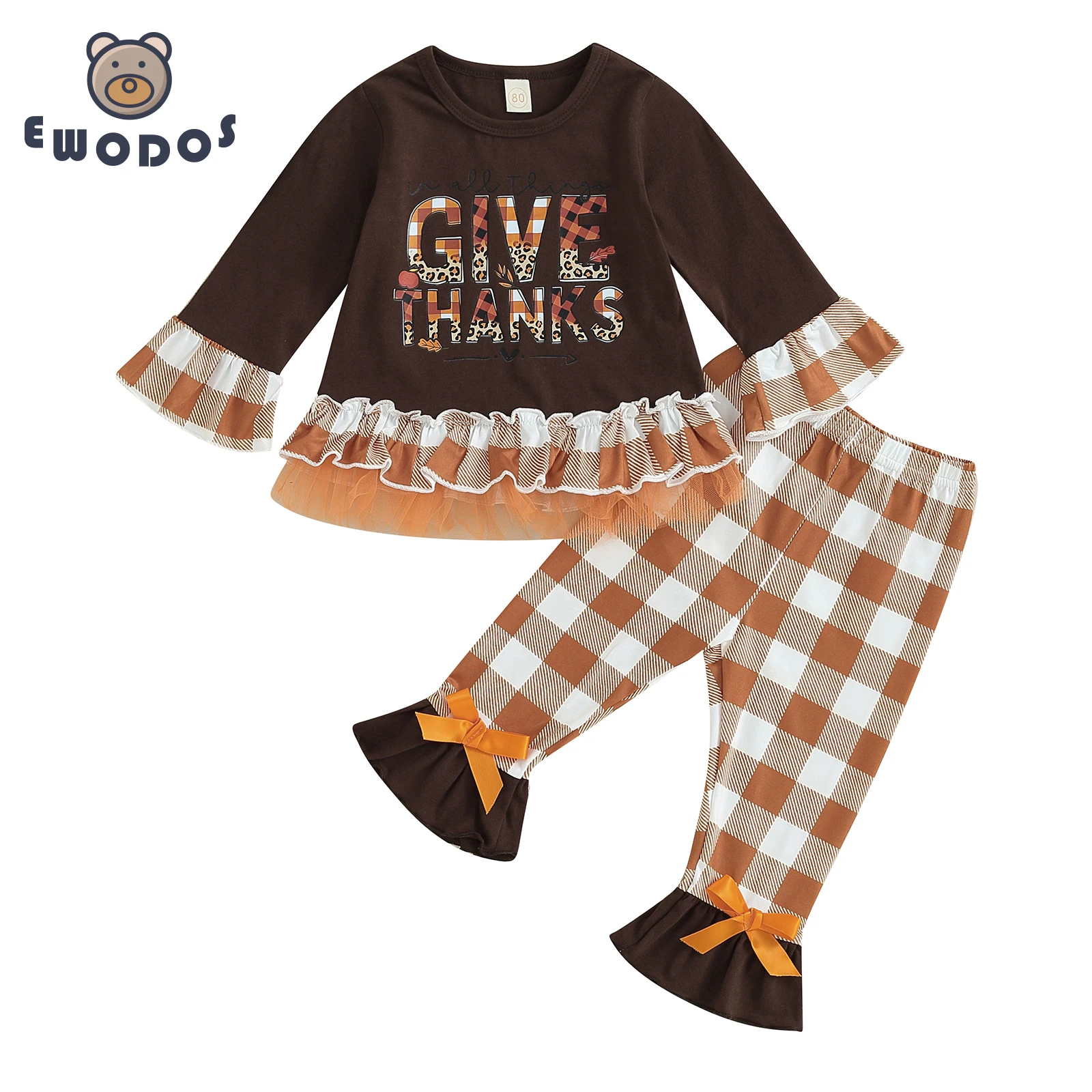 

EWODOS, комплект с брюками для маленьких девочек, футболка с длинным рукавом и буквенным принтом в стиле пэчворк, клетчатые брюки, осенний наряд, комплекты на День Благодарения