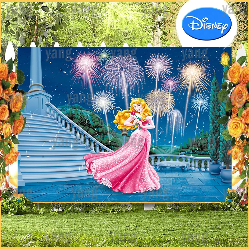 Cartoon Fireworks Castle Blue Backdrop Party Sleeping Beauty Blonde Hair Girls Princess Aurora Disney Happy Birthday Background