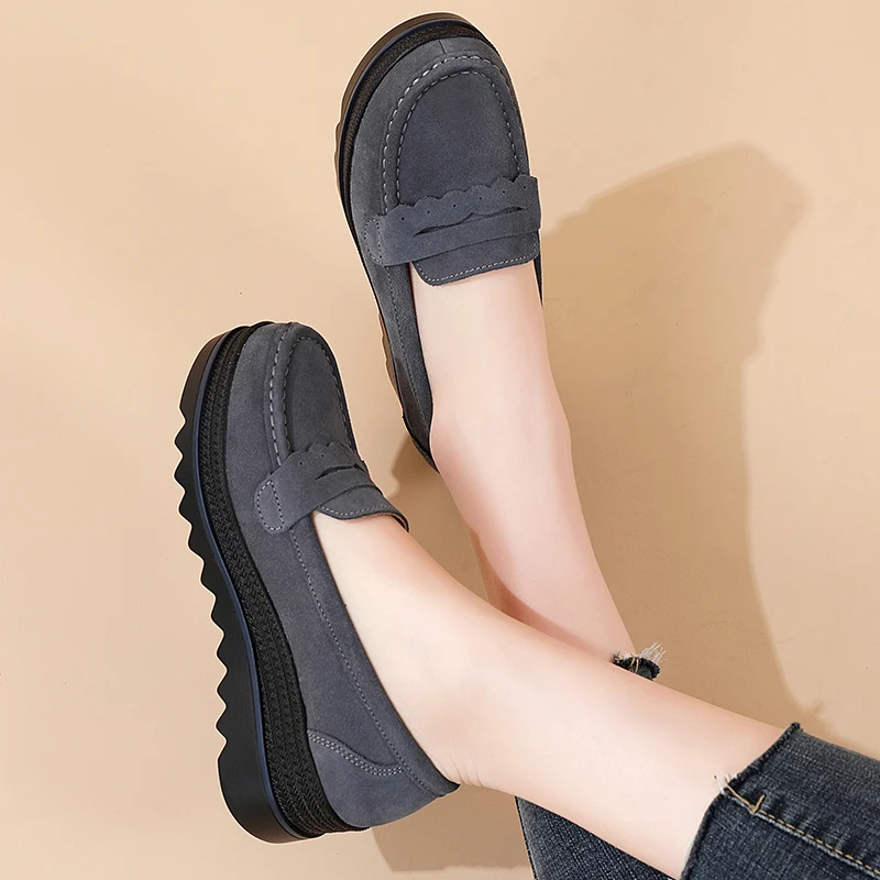 High Quality New Women Flats Platform Cow Suede Loafers Wedges Heeled Woman Casual Shoes Ladies Female Slip-on Shoes Moccasins