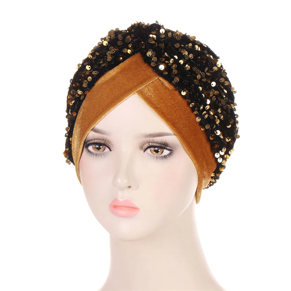 Women Glitter Sequins Turban Hat Fashion Bonnet Twist Solid Color Hijab Chemo Cap Head Wraps Elegant Headscarf Stretchy Headband