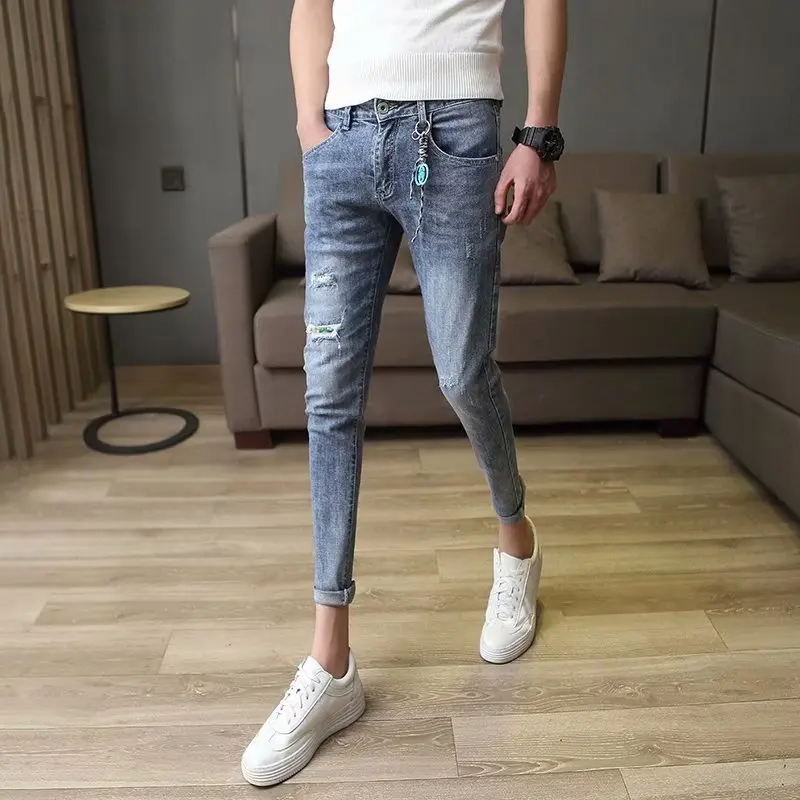 

Holes beggar pants men's self-cultivation autumn social spirit guy summer thin fashion Korean version jeans pants nine points