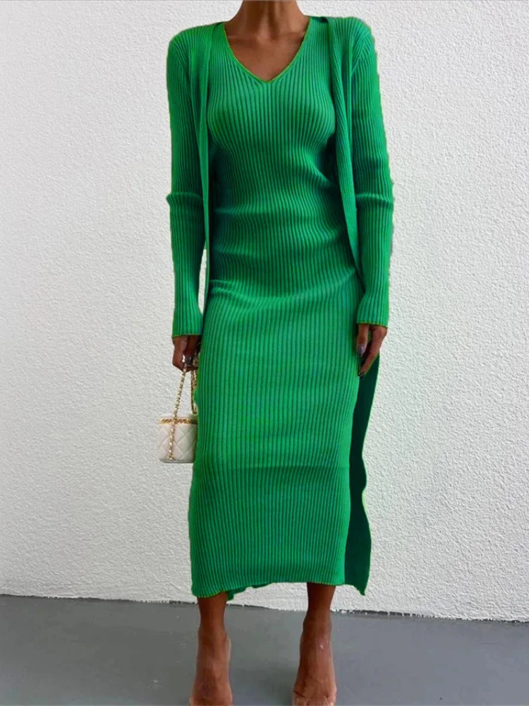 

Autumn Winter Casual Sleeveless V-Neck Green Knitted Dress with Long Cardigan 2022 Women's Elegant black Sweater Sets Streetwear