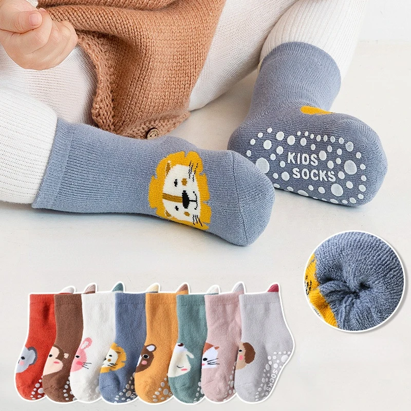 3 Pairs 0-3T Baby Socks Autumn and Winter Cartoon Thickening Terry Towel Socks Toddler Kids Anti-slip Floor Socks Newborn Socks