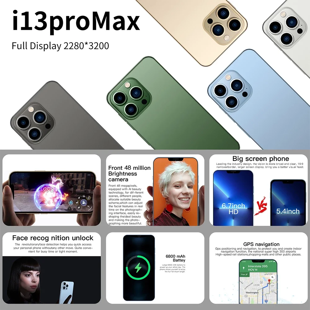 new i13promax 6 7 inch 5g cellphones 16gb1tb dual sim unlock smartphone 6800mah 4864mp mobile phone deca core global celulars free global shipping