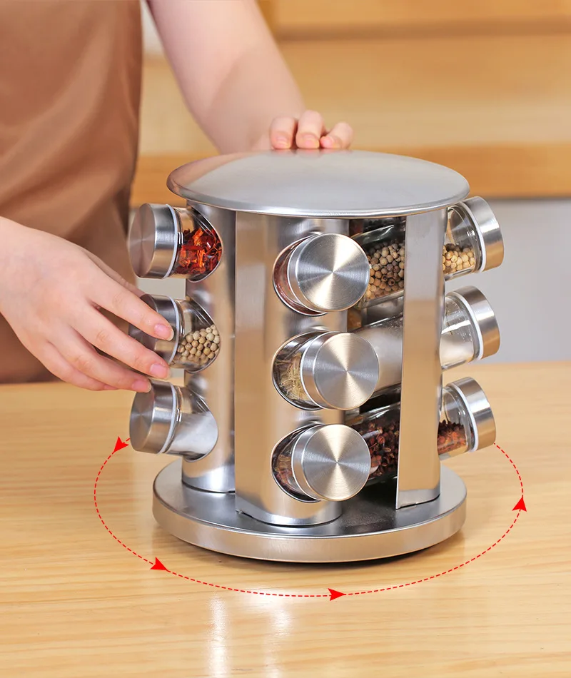 12/16/20 Jars Rotating Spice Rack Stainless Steel Glass Seasoning Bottles Stand Holder Kitchen Flavor Container Organizer | Дом и сад