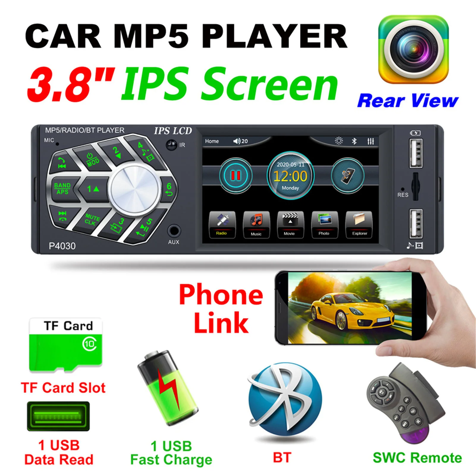 

Автомагнитола P4030, 1 Din, 4,1 дюйма, IPS, сенсорный экран, TF, USB, AUX, FM, BT, MP5