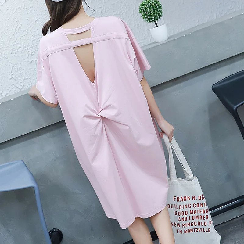 

Fdfklak New Summer Nightgown Women Short-Sleeved Cotton Nightdress Korean Letter Printed Backless Mid-Length Sleepwear Dress