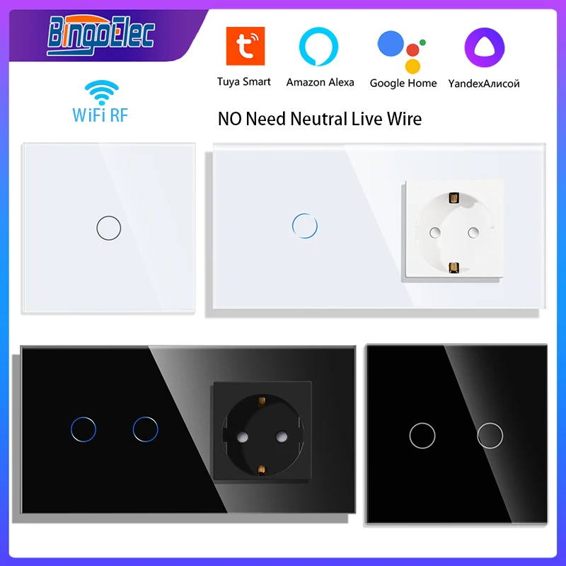 

Bingoelec Tuya WiFi Switch and Ordinary Socket NO Neutral Wire Glass Panel 1/2/3gang Smart Light Switch Works Alexa Google Home