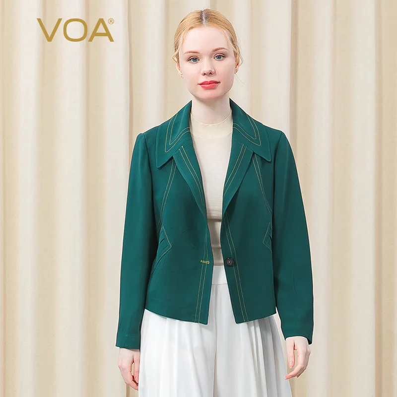 

VOA 60m/m Heavy Sky Mulberry Silk Long Sleeve Coat Women Open Thread Decorated with A Button Dark Green OL Wind Suit Jacket WE87