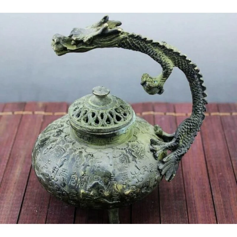 Antique Chinese Bronze Dragon Handle Incense Burner Statue Xuande Mark