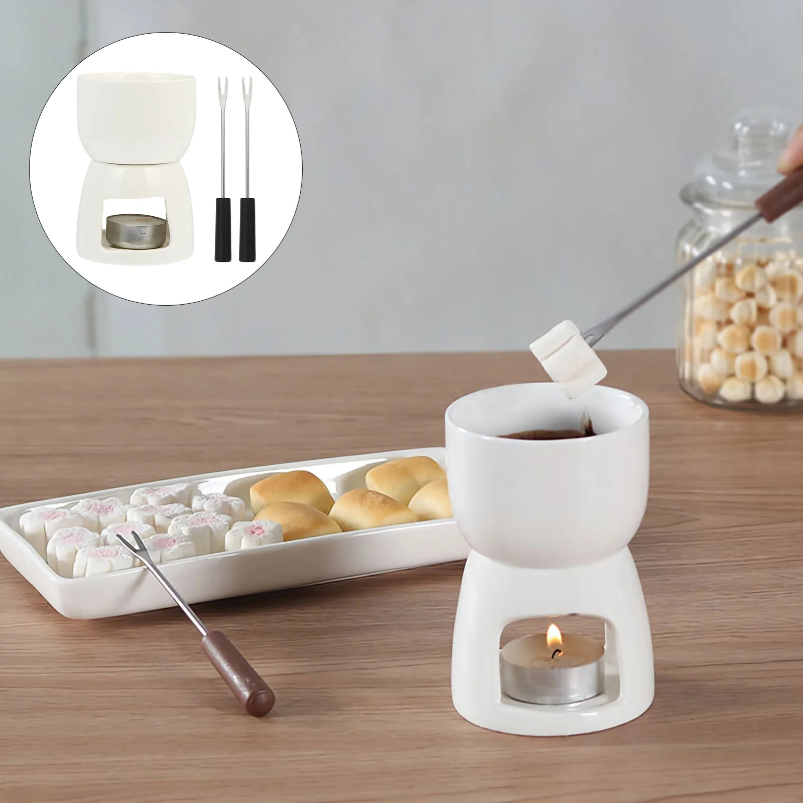 

1 Set Chocolate Fondue Pot Butter Warmer Bowl Porcelain Butter Warmer With Tealight Cheese Chocolate Seafood Serving With 2