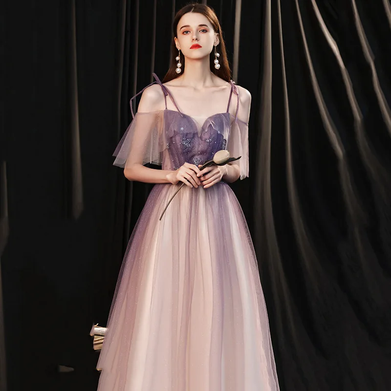 Purple Beading Formal Party Gowns A-line Tulle Prom Dresses Women Spaghetti Strap Evening Dress