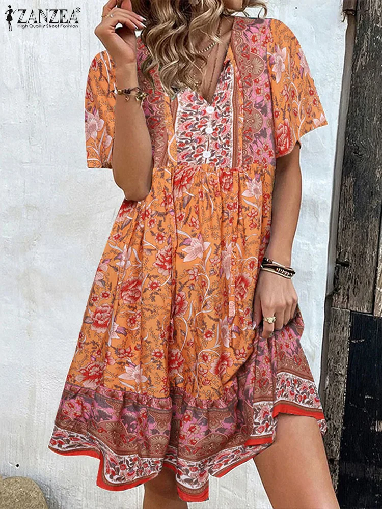 

ZANZEA Women Stitching Short Sleeve Vestidos Bohemian Floral Printed Dresses Fashion V Neck Short Sundress Holiday Female Robes