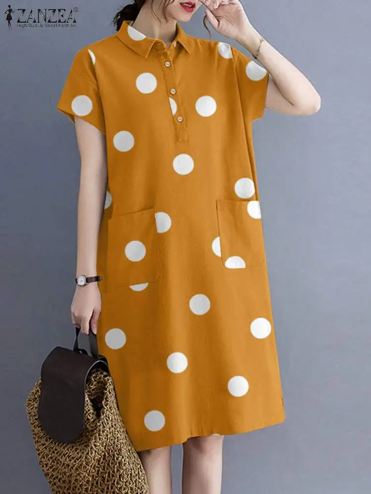 

Polka Dot Printed Sundress ZANZEA Women Summer Dress Lapel Neck Short Sleeve Shirt Dress Elegant Buttons Vestido Robe Femme