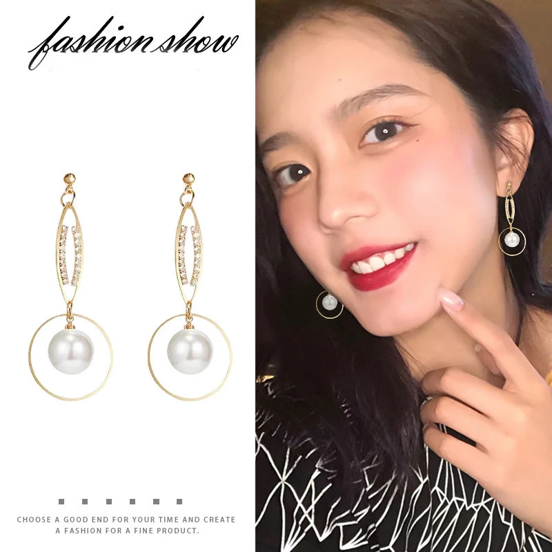 

S925 silver needle Korean personalized high sense pearl women's Earrings long geometric fashion trend exaggerated Pendant