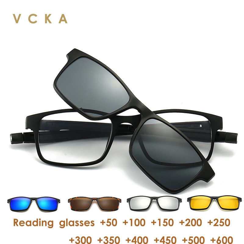 

VCKA 5 Lenes Magnet Reading Sunglasses Clip Mirrored Hang Neck Glasses Men Polarized Custom Prescription Myopia +0.5~ +6.0